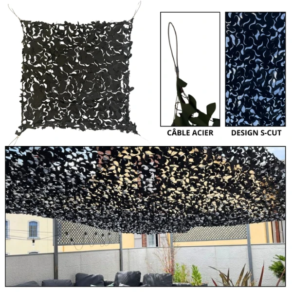 Filet de camouflage Camoshadow Noir - Renforcé câble acier