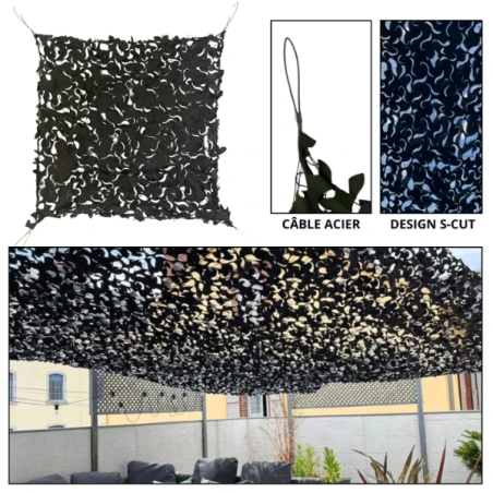 Filet de camouflage Camoshadow Noir - Renforcé câble acier
